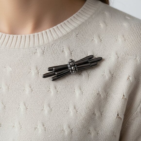 NWT Chico's Statement Brooch Pin | Gunmetal Stick Bar Design | Beaded Cluster - Picture 3 of 7